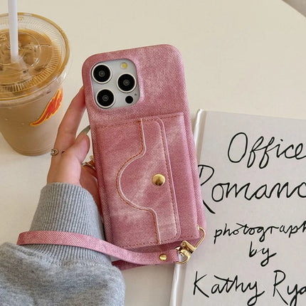For iPhone 16 Pro Max Case Card Slots Mirror Design Jeans Cloth Texture PU Leather Back Cover with Strap