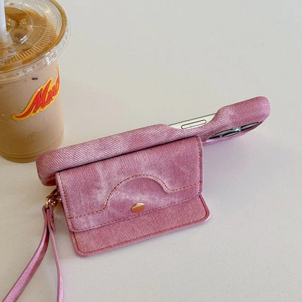 For iPhone 16 Pro Max Case Card Slots Mirror Design Jeans Cloth Texture PU Leather Back Cover with Strap