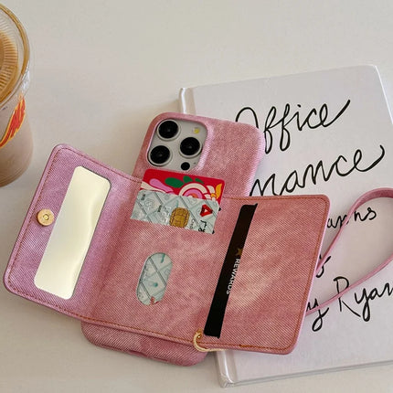 For iPhone 16 Pro Max Case Card Slots Mirror Design Jeans Cloth Texture PU Leather Back Cover with Strap