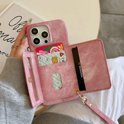 For iPhone 16 Pro Max Case Card Slots Mirror Design Jeans Cloth Texture PU Leather Back Cover with Strap