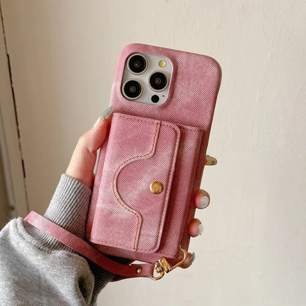 For iPhone 16 Pro Max Case Card Slots Mirror Design Jeans Cloth Texture PU Leather Back Cover with Strap