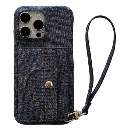 For iPhone 16 Pro Max Case Card Slots Mirror Design Jeans Cloth Texture PU Leather Back Cover with Strap - Dark Blue