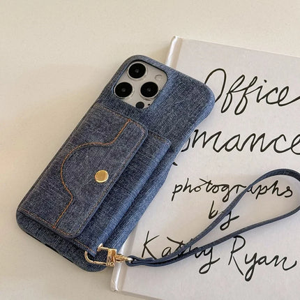 For iPhone 16 Pro Max Case Card Slots Mirror Design Jeans Cloth Texture PU Leather Back Cover with Strap