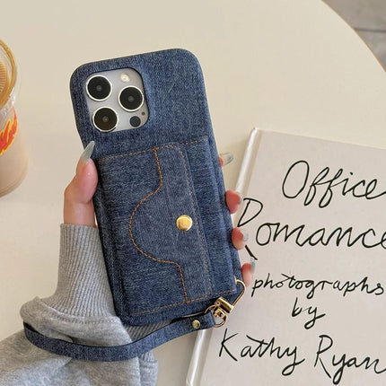 For iPhone 16 Pro Max Case Card Slots Mirror Design Jeans Cloth Texture PU Leather Back Cover with Strap