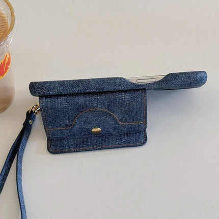 For iPhone 16 Pro Max Case Card Slots Mirror Design Jeans Cloth Texture PU Leather Back Cover with Strap