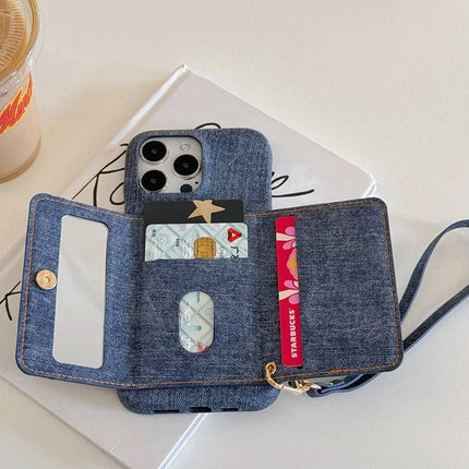 For iPhone 16 Pro Max Case Card Slots Mirror Design Jeans Cloth Texture PU Leather Back Cover with Strap