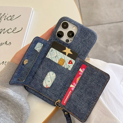 For iPhone 16 Pro Max Case Card Slots Mirror Design Jeans Cloth Texture PU Leather Back Cover with Strap