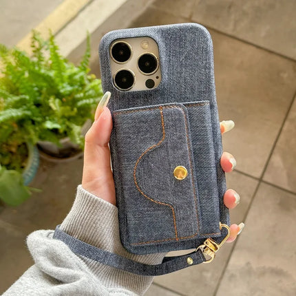 For iPhone 16 Pro Max Case Card Slots Mirror Design Jeans Cloth Texture PU Leather Back Cover with Strap