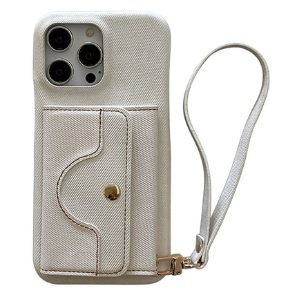 For iPhone 16 Pro Max Case Card Slots Mirror Design Jeans Cloth Texture PU Leather Back Cover with Strap - White