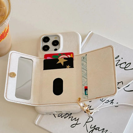 For iPhone 16 Pro Max Case Card Slots Mirror Design Jeans Cloth Texture PU Leather Back Cover with Strap