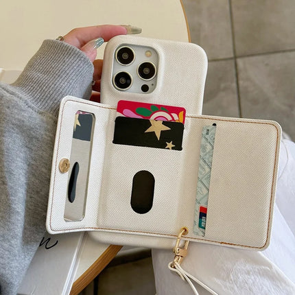 For iPhone 16 Pro Max Case Card Slots Mirror Design Jeans Cloth Texture PU Leather Back Cover with Strap