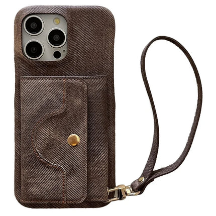 For iPhone 16 Pro Max Case Card Slots Mirror Design Jeans Cloth Texture PU Leather Back Cover with Strap - Light Brown
