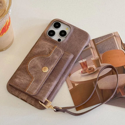 For iPhone 16 Pro Max Case Card Slots Mirror Design Jeans Cloth Texture PU Leather Back Cover with Strap
