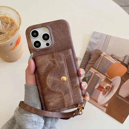 For iPhone 16 Pro Max Case Card Slots Mirror Design Jeans Cloth Texture PU Leather Back Cover with Strap