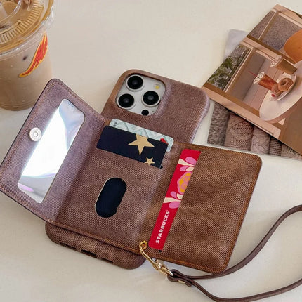 For iPhone 16 Pro Max Case Card Slots Mirror Design Jeans Cloth Texture PU Leather Back Cover with Strap