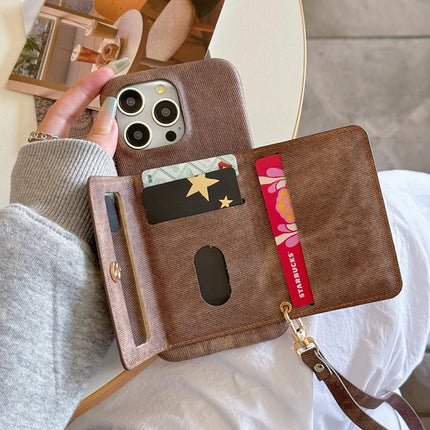 For iPhone 16 Pro Max Case Card Slots Mirror Design Jeans Cloth Texture PU Leather Back Cover with Strap