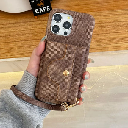 For iPhone 16 Pro Max Case Card Slots Mirror Design Jeans Cloth Texture PU Leather Back Cover with Strap