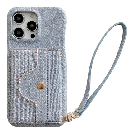 For iPhone 16 Pro Max Case Card Slots Mirror Design Jeans Cloth Texture PU Leather Back Cover with Strap - Baby Blue