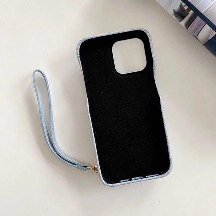 For iPhone 16 Pro Max Case Card Slots Mirror Design Jeans Cloth Texture PU Leather Back Cover with Strap