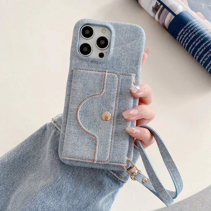 For iPhone 16 Pro Max Case Card Slots Mirror Design Jeans Cloth Texture PU Leather Back Cover with Strap