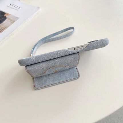 For iPhone 16 Pro Max Case Card Slots Mirror Design Jeans Cloth Texture PU Leather Back Cover with Strap