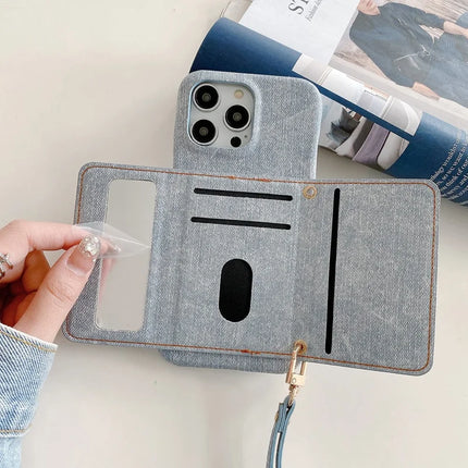 For iPhone 16 Pro Max Case Card Slots Mirror Design Jeans Cloth Texture PU Leather Back Cover with Strap