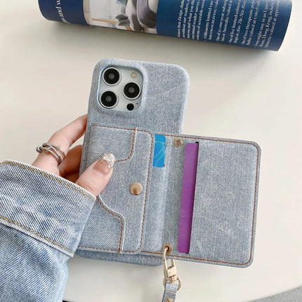 For iPhone 16 Pro Max Case Card Slots Mirror Design Jeans Cloth Texture PU Leather Back Cover with Strap