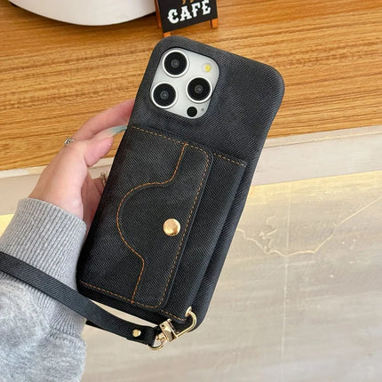 For iPhone 16 Pro Case Card Slots Mirror Design Jeans Cloth Texture PU Leather Back Cover with Strap