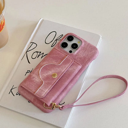 For iPhone 16 Pro Case Card Slots Mirror Design Jeans Cloth Texture PU Leather Back Cover with Strap