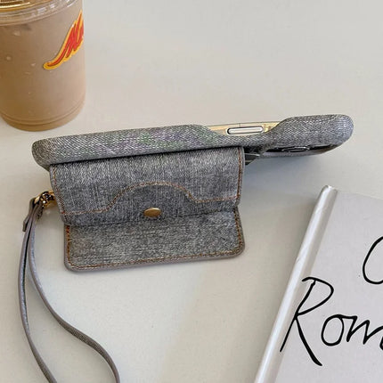For iPhone 16 Pro Case Card Slots Mirror Design Jeans Cloth Texture PU Leather Back Cover with Strap