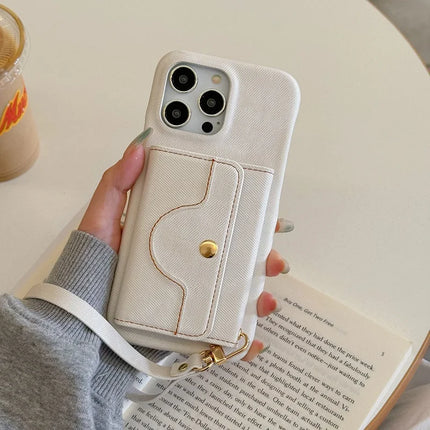 For iPhone 16 Pro Case Card Slots Mirror Design Jeans Cloth Texture PU Leather Back Cover with Strap