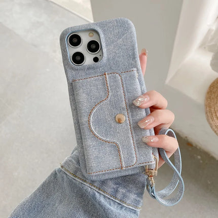 For iPhone 16 Pro Case Card Slots Mirror Design Jeans Cloth Texture PU Leather Back Cover with Strap