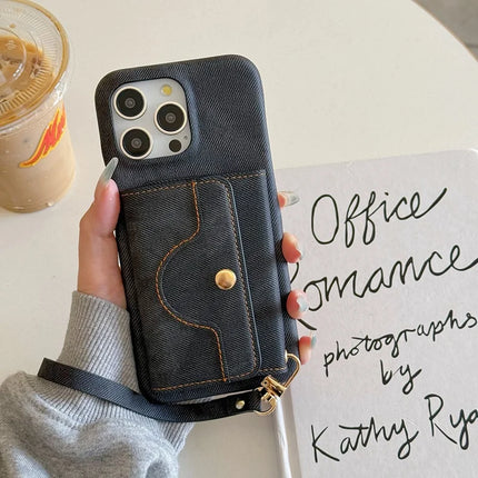 For iPhone 15 Pro Max Case Card Slots Mirror Design Jeans Cloth Texture PU Leather Back Cover with Strap