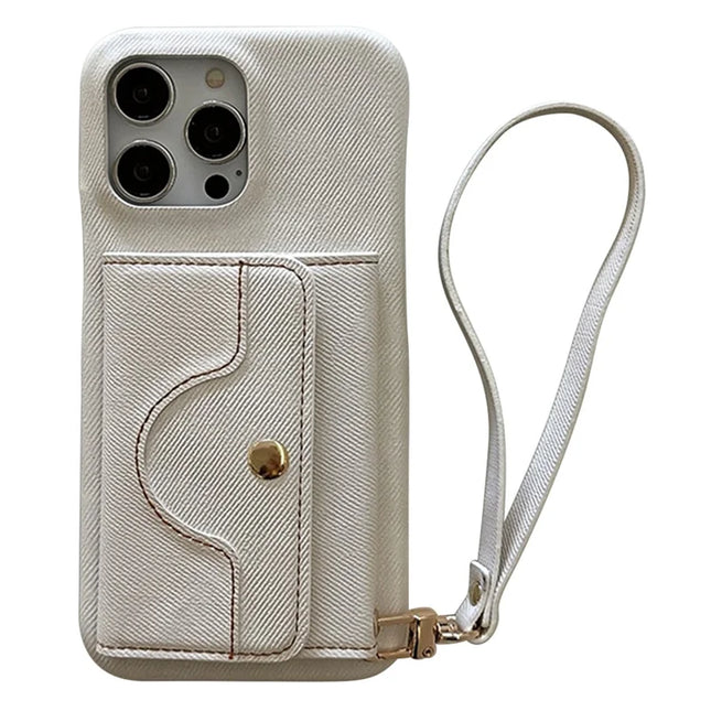 For iPhone 15 Pro Case Card Slots Mirror Design Jeans Cloth Texture PU Leather Back Cover with Strap - White