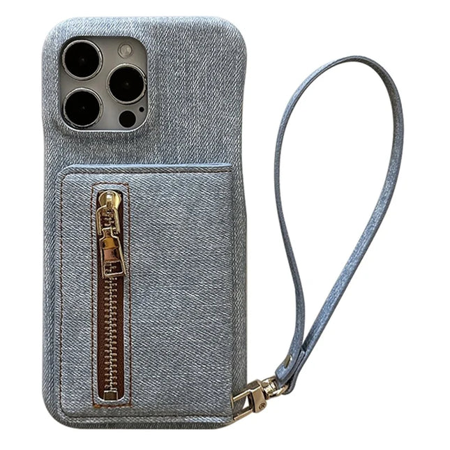 For iPhone 16 Pro Max Case Zipper Card Holder Kickstand Jeans Cloth Texture PU Leather Back Cover with Strap
