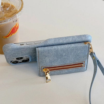 For iPhone 16 Pro Max Case Zipper Card Holder Kickstand Jeans Cloth Texture PU Leather Back Cover with Strap