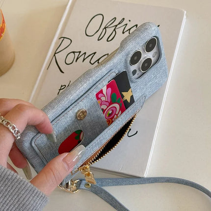 For iPhone 16 Pro Max Case Zipper Card Holder Kickstand Jeans Cloth Texture PU Leather Back Cover with Strap