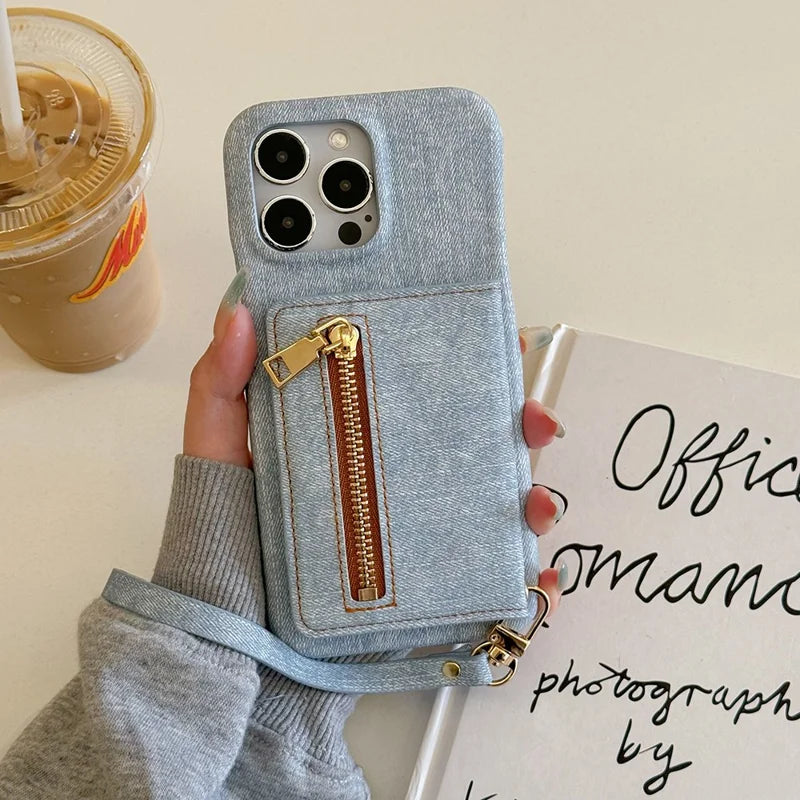 ShopCaseCart Premium Stylish iPhone 15 Pro Protective cover Zipper Card Slot Kickstand Jeans Cloth Texture PU Leather Back Guard with Strap