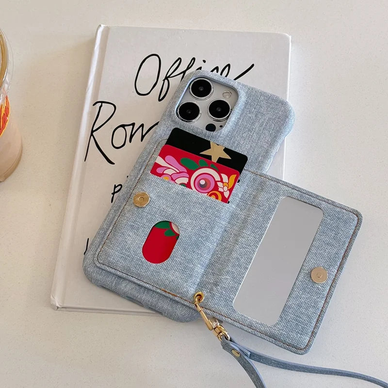 ShopCaseCart Premium Stylish iPhone 15 Pro Protective cover Zipper Card Slot Kickstand Jeans Cloth Texture PU Leather Back Guard with Strap