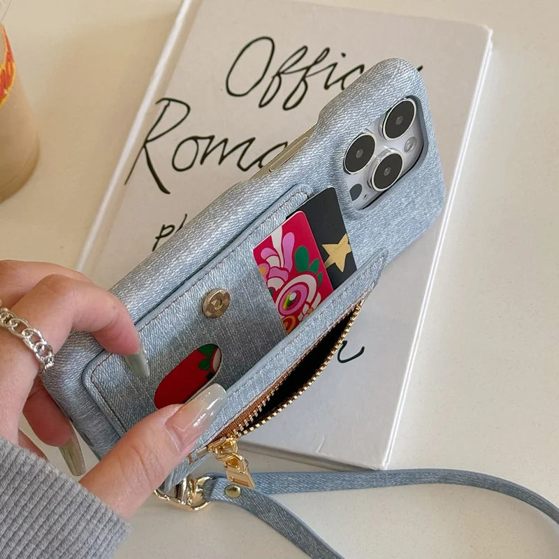 ShopCaseCart Premium Stylish iPhone 15 Pro Protective cover Zipper Card Slot Kickstand Jeans Cloth Texture PU Leather Back Guard with Strap