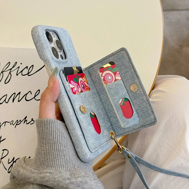 ShopCaseCart Premium Stylish iPhone 15 Pro Protective cover Zipper Card Slot Kickstand Jeans Cloth Texture PU Leather Back Guard with Strap