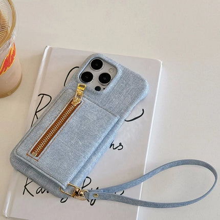 For iPhone 16 Pro Case Zipper Card Holder Kickstand Jeans Cloth Texture PU Leather Back Cover with Strap