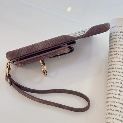 For iPhone 15 Pro Max Case Ring Kickstand Card Holder Jeans Cloth Texture PU Leather Back Cover with Strap