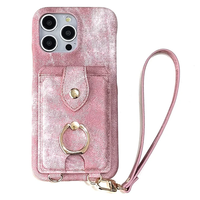 For iPhone 16 Pro Max Case Ring Kickstand Card Holder Jeans Cloth Texture PU Leather Back Cover with Strap - Pink