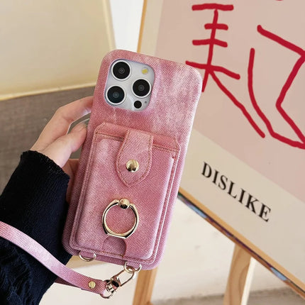 For iPhone 16 Pro Max Case Ring Kickstand Card Holder Jeans Cloth Texture PU Leather Back Cover with Strap