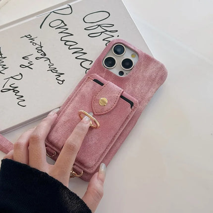 For iPhone 16 Pro Max Case Ring Kickstand Card Holder Jeans Cloth Texture PU Leather Back Cover with Strap