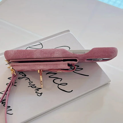 For iPhone 16 Pro Max Case Ring Kickstand Card Holder Jeans Cloth Texture PU Leather Back Cover with Strap