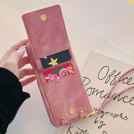 For iPhone 16 Pro Max Case Ring Kickstand Card Holder Jeans Cloth Texture PU Leather Back Cover with Strap