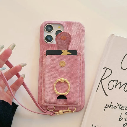 For iPhone 16 Pro Max Case Ring Kickstand Card Holder Jeans Cloth Texture PU Leather Back Cover with Strap