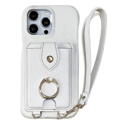 For iPhone 16 Pro Max Case Ring Kickstand Card Holder Jeans Cloth Texture PU Leather Back Cover with Strap - White